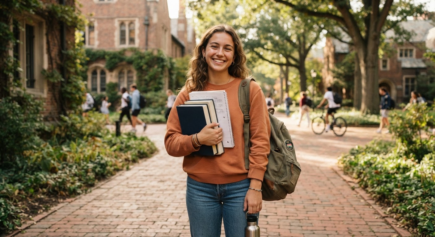Proud college student holding study materials on a campus quad