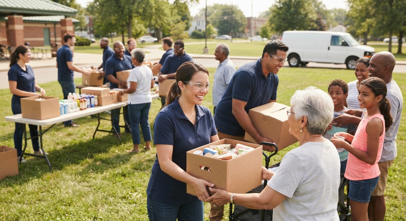 Volunteer team handing care essentials to community members