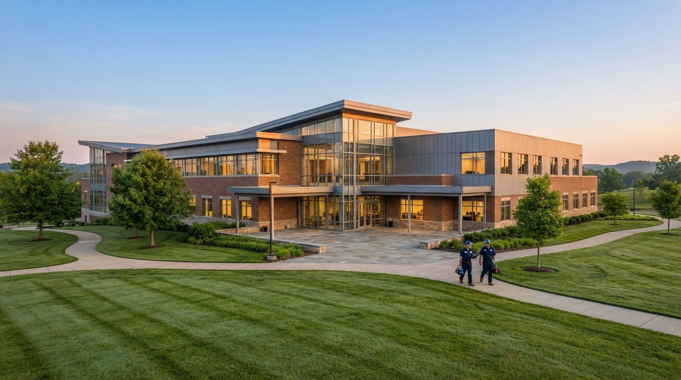 Sun rising over an educational campus and community center